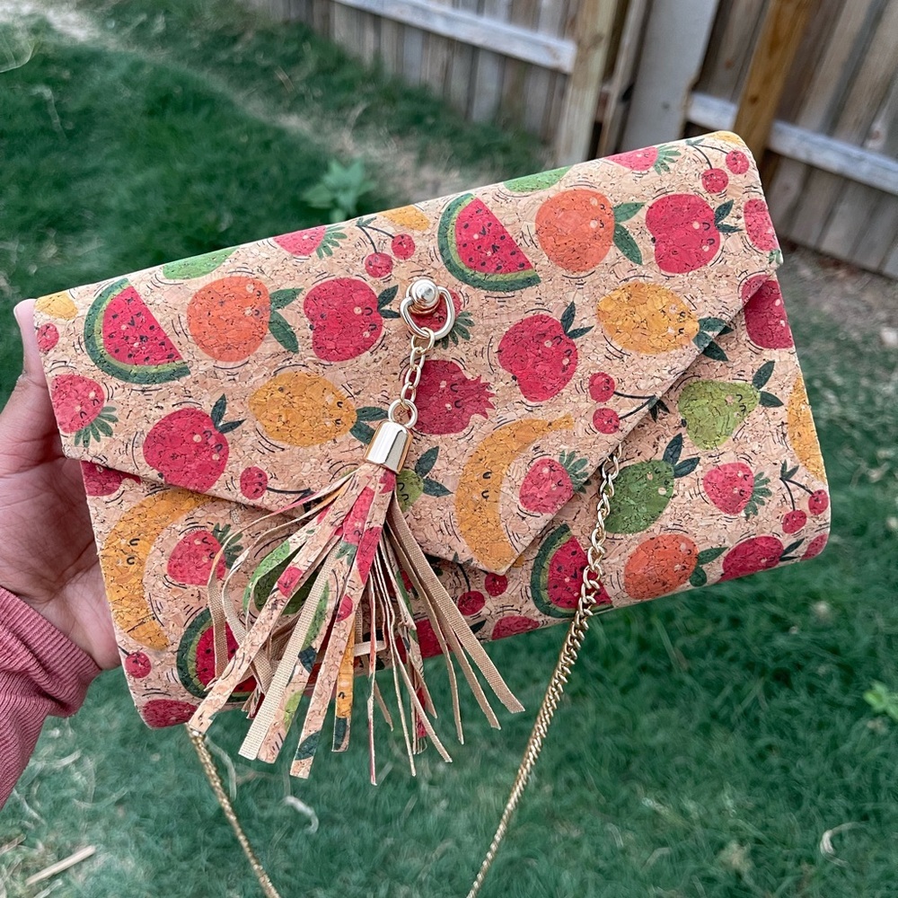 Alessia Bianchi Strawberry Fruit Print Cork Clutch Purse Bag Tassel No strap